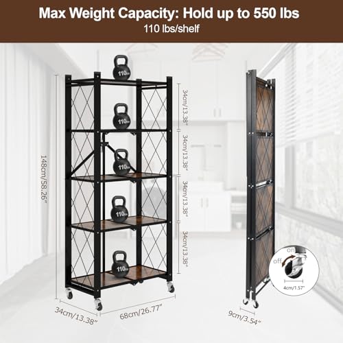 5 Tier Folding Shelf with Wheels, Wood and Metal Bookshelf - color: Brown Wooden, size: 5 Tier