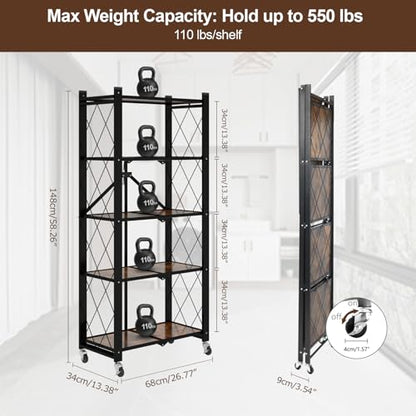 5 Tier Folding Shelf with Wheels, Wood and Metal Bookshelf - color: Brown Wooden, size: 5 Tier