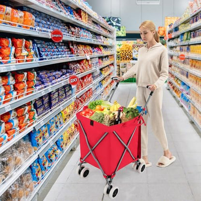 GOFLAME Folding Shopping Cart on Wheels, Waterproof Grocery Cart with Removable Cover and 360° Swiveling Wheels, Collapsible Utility Cart for Groceries and Laundry, 120LBS Load Capacity, Red - color: Red