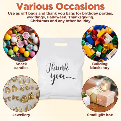 200 Pcs Thank You Gift Bags, Plastic Merchandise Bags with Die Cut Handles, Clear Shopping Bag Bulk Packaging for Small Business Retail Boutique Stores Gifts (10 x 13.6 Inch)