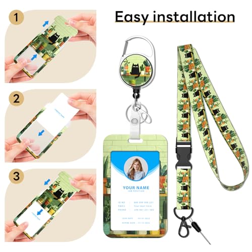 Retractable Badge Holder with Detachable Lanyard, Cat and Plant - color: Cat and Plant