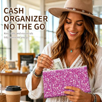 Money Bag with Zipper, Cute PU Leather Cash Bags, Portable Bank Bag Money Pouch for Cash, Coins, Checks, Receipts, Invoices Cosmetics Tools, Deposit Bag for Office Travel, Pink Glitter - color: Pink Glitter
