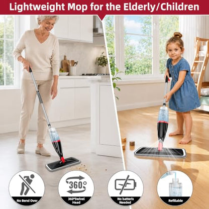 Spray Mops for Floor Cleaning: Hardwood Floor Mop Wet Mop & 3 Washable Pads - color: Red/Black