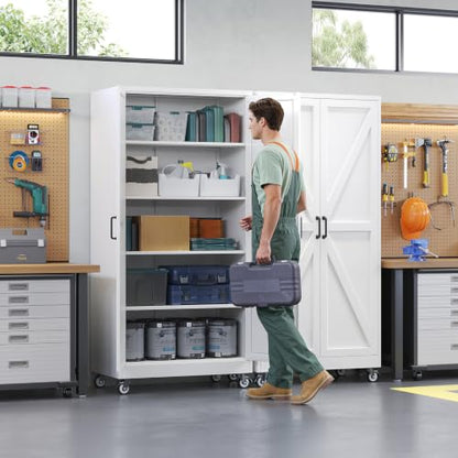 Letaya Metal Garage Storage Cabinet with Wheels,71" White Tool Steel Locker - color: White, size: 15.8”D x 32”W x 71”H