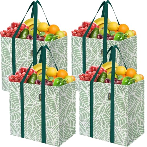 BALEINE 4 PK Grocery Bags Reusable Shopping Bags with Reinforced Bottom, Heavy Duty Foldable Tote Bags (Antique Folidage) - color: Antique Folidage, size: 4 PK