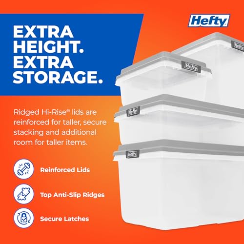 Hefty 18 Qt Hi-Rise Storage Bin with Lid, Stackable Plastic Storage Container, Organizer for Home, Garage & Closet, 8 Pack, Gray - size: 18 QT - 8 Pack