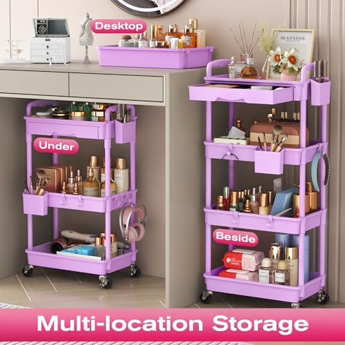 Goovilla Rolling Makeup Organizer Cart with Removable Drawer, 3 Tier Purple - color: Purple, size: 3 Tier