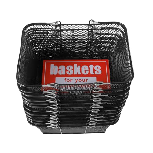 12Pcs Wire Retail Shopping Baskets with Handles, 20L Metal Grocery Basket for Retail Store, Supermarket, Grocery Shopping |Black