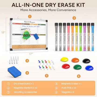 Marsrock Weekly Dry Erase Board, 17"x13", Double Sided, Colorful - color: Multicolor