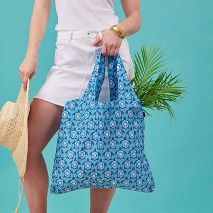 rockflowerpaper Reusable Grocery Bags - Washable, Foldable, Packable Tote, Large Handles, Heavy Duty, Zippered Top Pouch - color: Turtles
