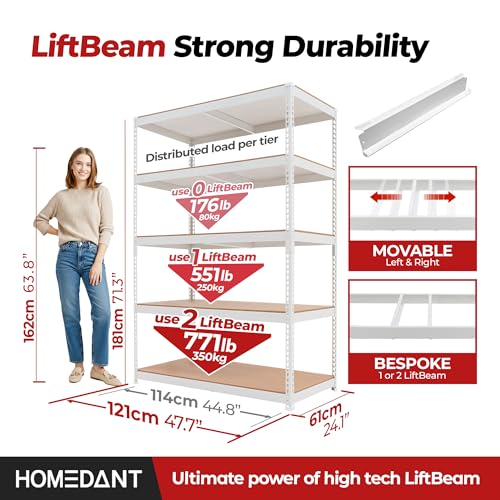 HOMEDANT White 47.7" Deep 5 Tier Storage Shelves Garage Shelving Unit Metal - color: White, size: 47.7"W x 24.1"D