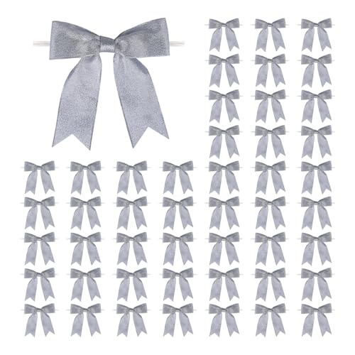 Meseey 50 Pcs 5 Inches Twist Tie Satin Ribbon Bows Pretied Premade Craft Bows for Treat Bags Gift Wrapping Basket Wedding Baby Shower Brithday Christmas Party (Silver) - color: Silver