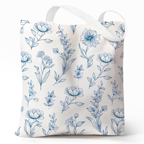Cute Canvas Tote Bag for Women, Book Totebag with Zipper Pocket - color: Blue Line Floral