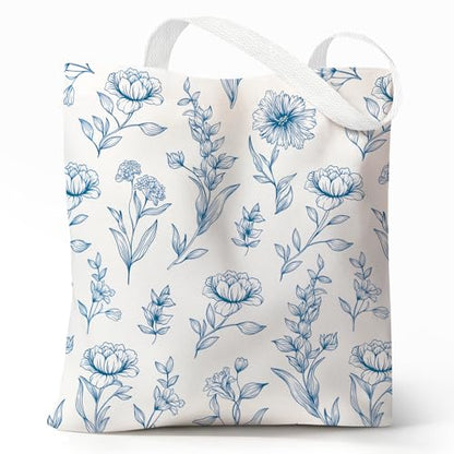 Cute Canvas Tote Bag for Women, Book Totebag with Zipper Pocket - color: Blue Line Floral