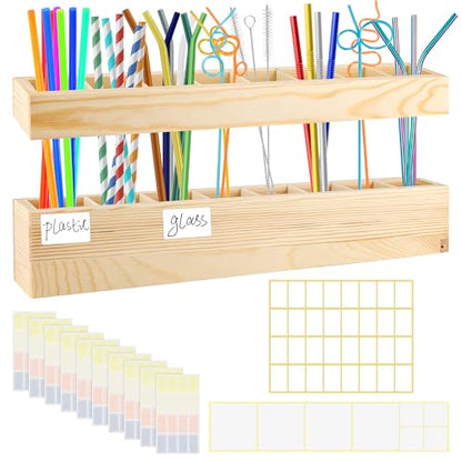 1+2PCS Wooden Straw Holder for Cabinet with Double Sided Adhesive Tape and Label Stickers, 8 Compartments Straw Storage Organizer Rack for Inside Cabinet Door