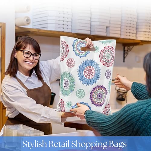 Rainbows & Lilies Mandala Plastic Bags with Handles, White, 100pk, 12x15 in - color: White Mandala Design
