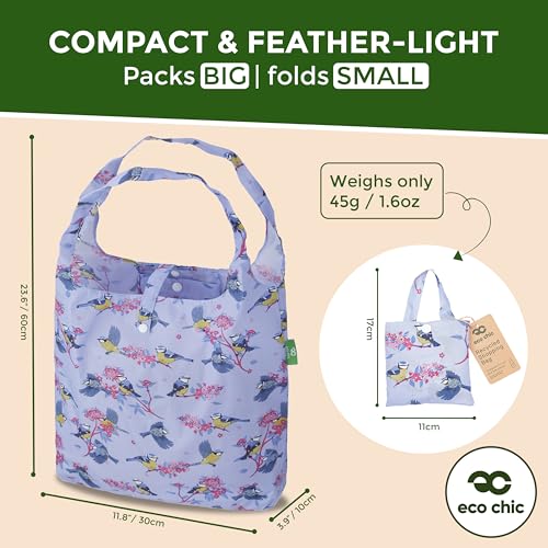 ECO CHIC Foldable Reusable Grocery Bags - Lightweight, Recycled & Reusable Shopping Bag - Waterproof Packable Tote - color: Blue Tits Lilac
