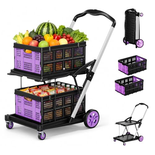 200LBS Collapsible Shopping Cart with 2 Storage Crates, 8-in-1 Portable Foldable Utility Cart with Foot Brake for Picnic, Supermarket, Grocery, Office, Outdoor, Purple - color: Purple