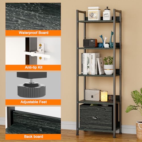 Furologee 5 Tier Bookshelf with Drawer, Tall Narrow Bookcase, Black Oak - color: Black Oak, size: 5 Tier