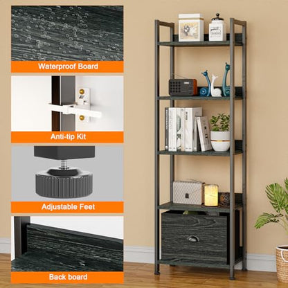 Furologee 5 Tier Bookshelf with Drawer, Tall Narrow Bookcase, Black Oak - color: Black Oak, size: 5 Tier