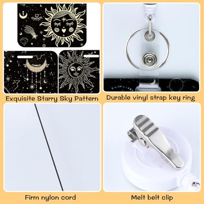 3 Set Moon Star Badge Holder with Retractable Reel, Retractable ID Badge Holders with Clip Card Holder Case for Nurse Teacher Women Office Gift for Coworkers - color: Sun Moon Star