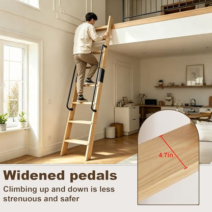 9.8FT Solid Wood Rolling Library Ladder, Industrial Style Loft Ladder with Double Handrails, 9 Steps Attic Ladder, 660LBS High Capacity, for Attic, Warehouse, Library, Bookshelf, Kitchen (9.8ft) - size: 9.8ft