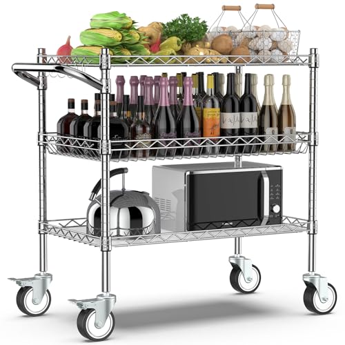 Leteuke 3 Tier Rolling Carts with Wheels, Heavy Duty Rolling Utility Cart - color: Matte Chrome