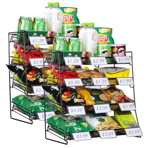 4-Tier Black Stackable Candy Display Rack, Snack Organizer for Countertop, Stores, Offices with 24 Signs and 60 Labels（Metal Mesh Plate） (Black-2 Pack)