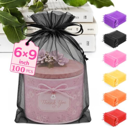 ANZNKU 100PCS Organza Bags 6x9, Black Small Mesh Gift Bags Drawstring Bulk - color: Black