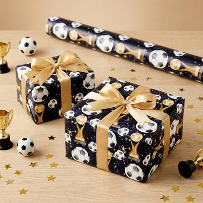 RUSPEPA Soccer Wrapping Paper Roll, Mini Roll, Football Trophy & Gold Star Design, Black Gift Wrap Paper for Boys, Kids, Teens, Sports Fans, Team Celebration, Football Party, 17 Inches x 16.4 Feet - color: Black Gold Soccer