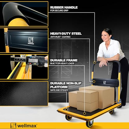 Wellmax Push Cart Dolly, Foldable Moving Platform Flat Cart, 660 lb, Yellow - color: Yellow, size: 660 Lbs