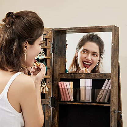 SONGMICS 360° Swivel Jewelry Cabinet, Full-Length Mirror, Lockable - color: Rustic Brown, style: Framed Mirror, Classic