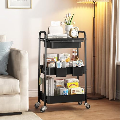 KINGRACK 3 Tier Metal Rolling Cart with Drawer, Black Utility Storage Cart - color: Black