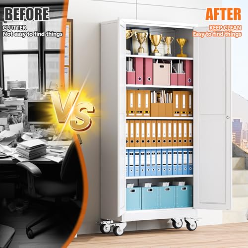 pozdeg 75" White Lockable Rolling Metal Garage Storage Cabinet - color: White, size: 15.75"D x 31.5"W x 75"H