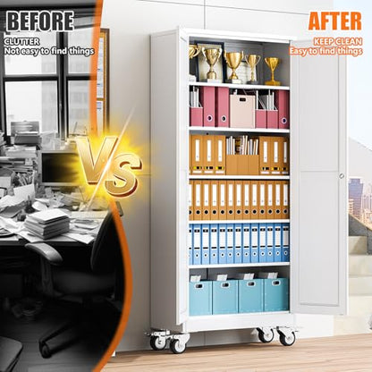 pozdeg 75" White Lockable Rolling Metal Garage Storage Cabinet - color: White, size: 15.75"D x 31.5"W x 75"H