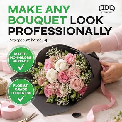 IDL Packaging Black Flower Wrapping Paper, 18"x1200" (100 feet) - USA-Made Premium 50lb Thick Bouquet Wrapping Paper - Elegant Flower Wrap Roll for Weddings, Ceremonies & Special Events - color: Black, size: 18" X 100 Feet