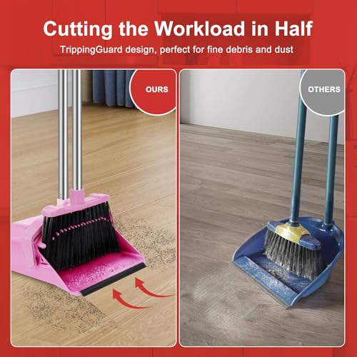 Tiumso Broom with Dustpan Combo Set, 51'' Broom and Dustpan Set, Brooms and Dust Pan with Handle, Brooms with Standing Dustpans, House Broom for Pets Hair and Floor Cleaning - Pink - color: Pink