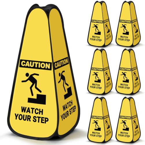 Sabary 6 Pcs 24 Inches Pop up Watch Your Step Sign Yellow 4-sided Foldable Safety Warning Sign Caution Cone for Commercial Office Stores Grocery Restaurant Indoors & Outdoors - style: Caution Watch Your Step