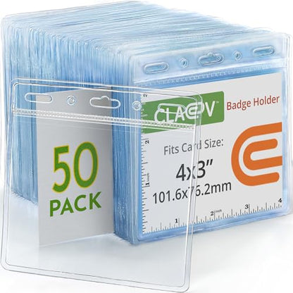 Claev - Horizontal ID Name Badge Holders - Clear, 4x3 Inch, 50 Pack - size: 50