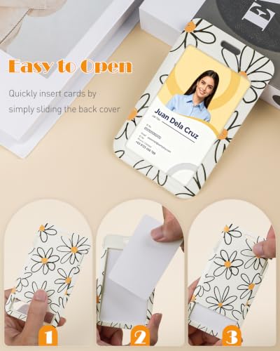 Uniclife Floral Sliding Badge Holder White Flower Plastic Case with Retractable Badge Reel Carabiner Clip & Detachable Lanyard Strap Fashionable Vertical Card Protector for Women Nurse Teacher Student - color: Beige Base Daisy