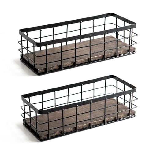 ROSE BLOOM Small Metal Wire Storage Basket, Decorative Wood Base Organizer Bins for Bathroom, Kitchen, Laundry Room, Pantry, Basket for Toilet Paper, Fruits, Spices (2 Pack) - color: Black - Small, size: 2 Pack