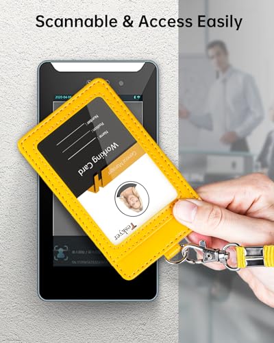 Teskyer Leather ID Badge Holder with Lanyard, Vertical Bright Yellow - color: Bright Yellow, size: Vertical