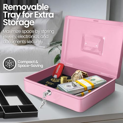 Flexzion Small Cash Box with Money Tray and Lock, 11.4-Inch, Pink - color: Pink