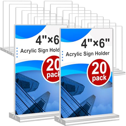 Acrylic Sign Holder 4x6, 20 Pack Clear Table Vertical Double Sided Table Menu Display, Plastic Desktop Picture Frames Stand Acrylic Paper Holder Tabletop Sign Holder for Wedding Office Show Fair - size: Vertical 20 Pack 4x6''