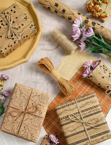 Kraft Floral Wrapping Paper- 3 Mini Rolls, 17 Inch x 9.8 Feet Each- 80gsm Gift Wrapping Paper with 33Ft Wrapping Twine, Grid Lines on Reverse- Perfect for Birthday Mother’s Day Wedding Christian Gifts - color: 3 Rolls Simple Floral
