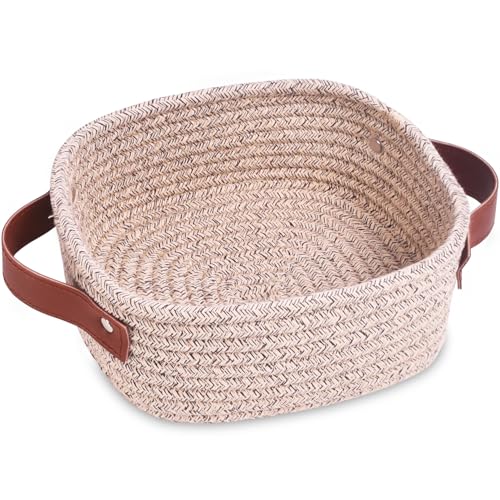 ABenkle Small Storage Basket, Mini Baskets, Cute Rope Woven Baskets for Organizing, Square Shelf Storage with Handle, Boho Decorative Toy Bin for Nursery, Spa, Empty Gift Basket - XS, Mixed Brown - color: Mixed Brown