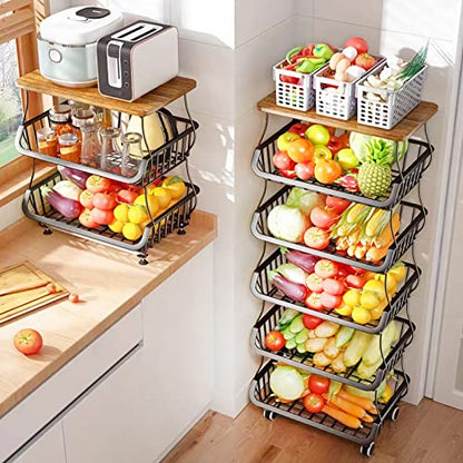 MURRI&MURRDI Fruit Vegetable Storage Basket with Wooden Lid, 6 Tier Stackable Wire Kitchen Cart with Wheels, Tall Produce Snack Racks Display, Narrow Rolling Cart for Pantry Onion Potato, Black - color: 6 Black