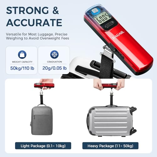 BAGAIL Digital Luggage Scale, 110lbs Hanging Baggage Scale with Backlit LCD Display, Portable Suitcase Weighing Scale, Travel Luggage Weight Scale with Hook, Strong Straps for Travelers - color: Dark Red Battery Free