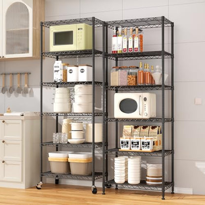 6-Tier Wire Rack Shelving,Metal Shelf Racks with Lockable Wheels, Black - color: 6-tier Black-21.3"x11.4"x73"(wxdxh)