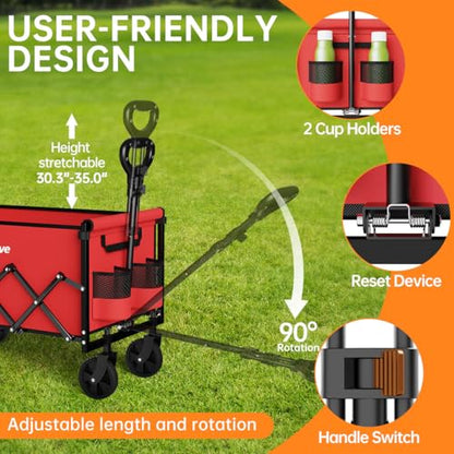 Collapsible Wagon Cart with All-Terrain Wheels, 380LBS, Red - color: Red